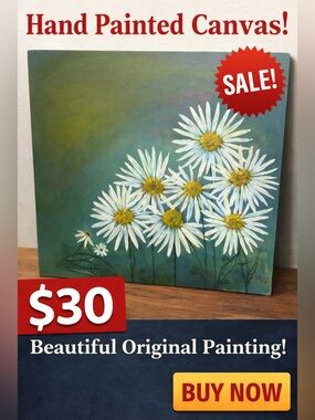 Hand Painted Daisy Canvas Art – White Floral Painting – Cottage Core Wall Decor